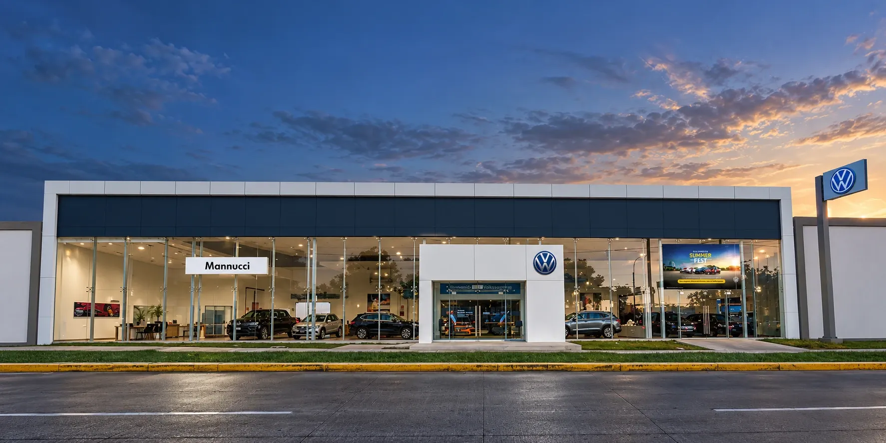 Showroom Volkswagen Mannucci al anochecer